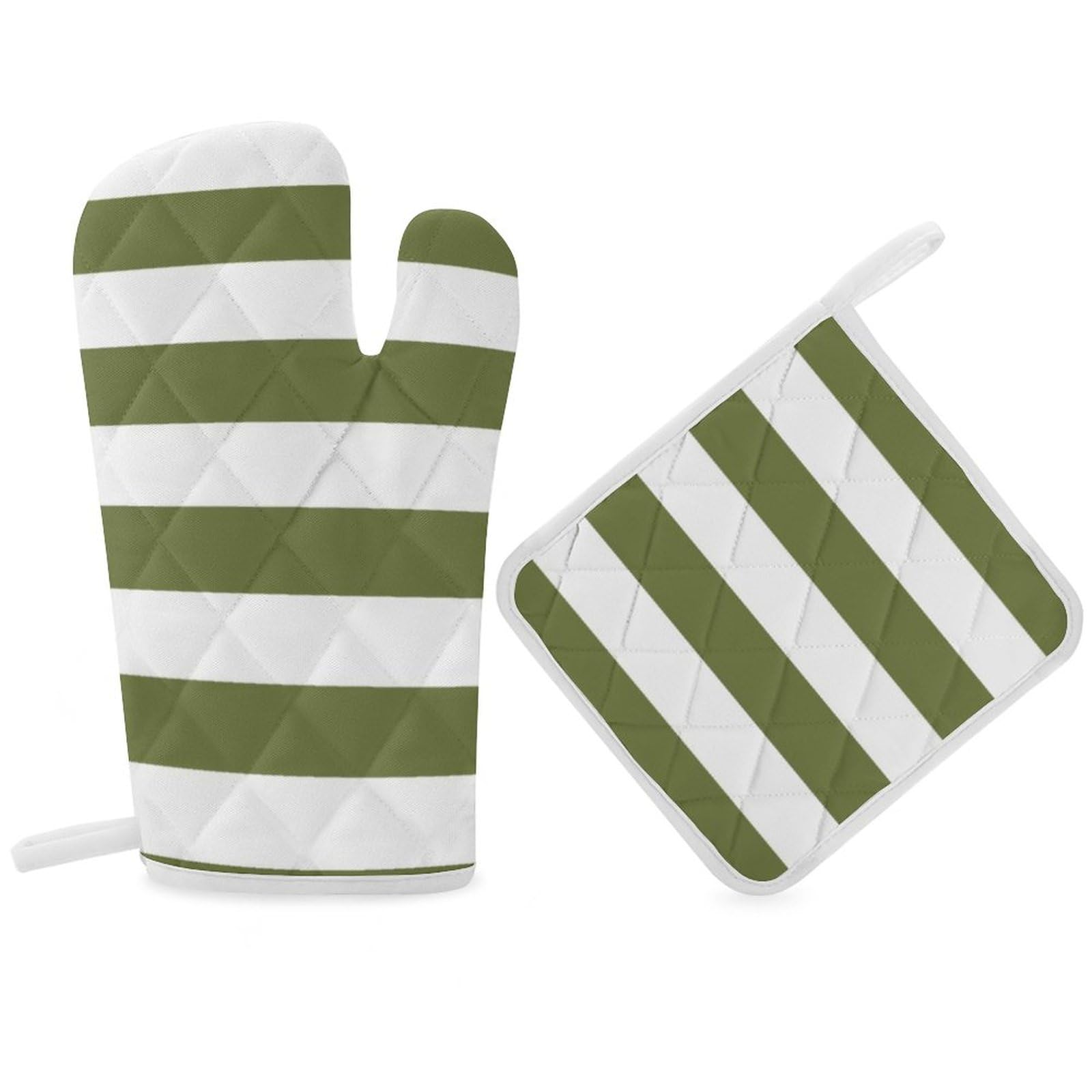 2Pcs Oven Mitts and Pot Holders Set, Olive Green and White Stripes Oven Mitts Gloves Set Heat Resistant Hot Pads for Kitchen Cooking Grill