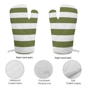 2Pcs Oven Mitts and Pot Holders Set, Olive Green and White Stripes Oven Mitts Gloves Set Heat Resistant Hot Pads for Kitchen Cooking Grill