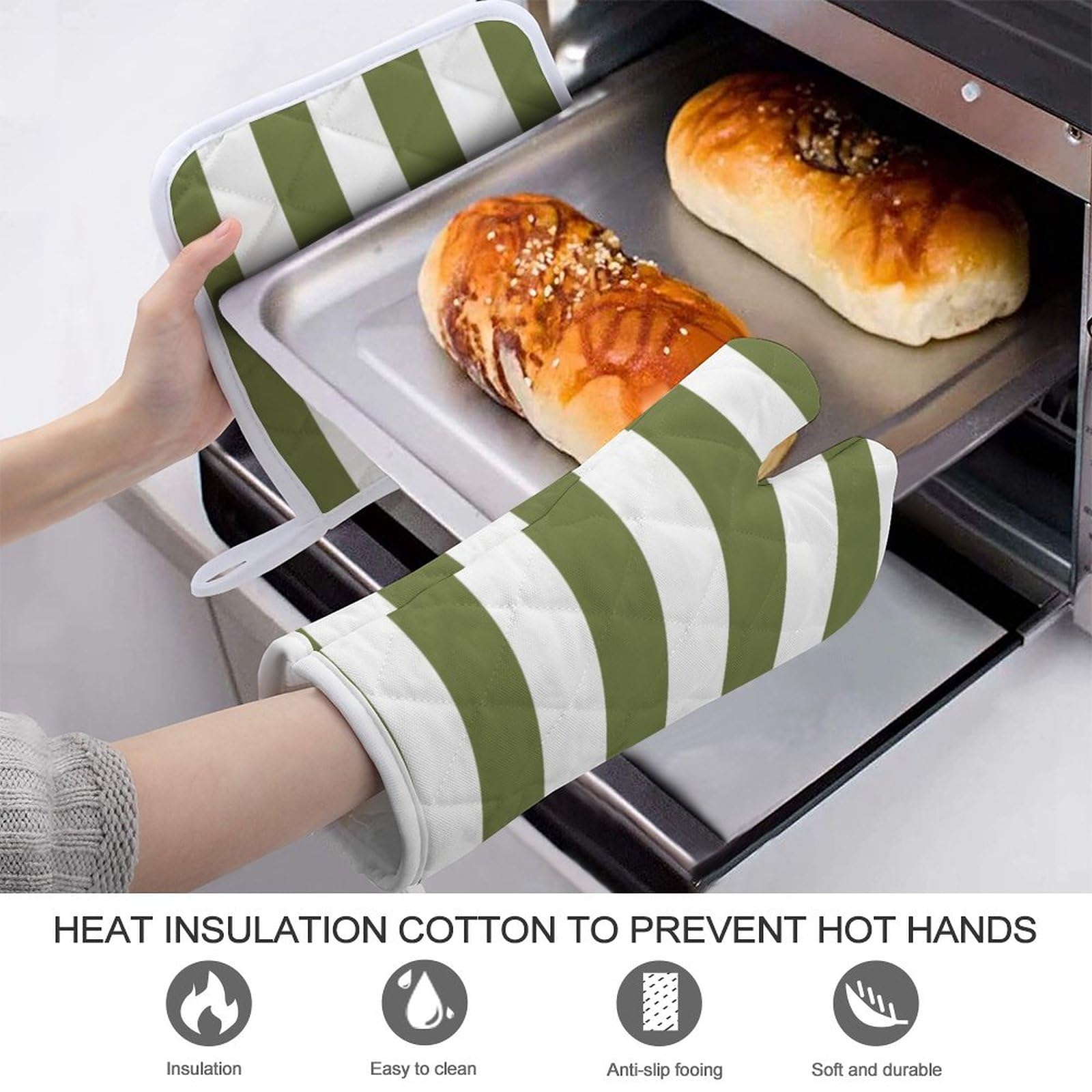 2Pcs Oven Mitts and Pot Holders Set, Olive Green and White Stripes Oven Mitts Gloves Set Heat Resistant Hot Pads for Kitchen Cooking Grill