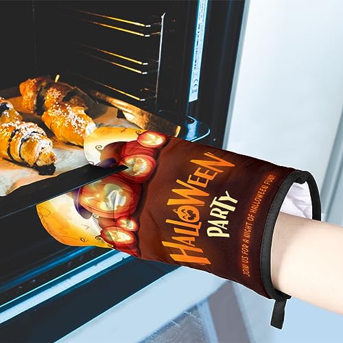 Halloween Party Pumpkin with Witch Hat Oven Mitts and Pot Holders Sets of 2 Heat Resistant Non-Slip Kitchen Gloves Hot Pads with Inner Cotton Layer for Cooking BBQ Baking Grilling