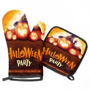 Halloween Party Pumpkin with Witch Hat Oven Mitts and Pot Holders Sets of 2 Heat Resistant Non-Slip Kitchen Gloves Hot Pads with Inner Cotton Layer for Cooking BBQ Baking Grilling