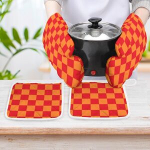 4Pcs Oven Mitts and Pot Holders Set, Checkered Red and Orange Oven Mitts Gloves Set Heat Resistant Hot Pads for Kitchen Cooking Grill