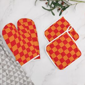 4Pcs Oven Mitts and Pot Holders Set, Checkered Red and Orange Oven Mitts Gloves Set Heat Resistant Hot Pads for Kitchen Cooking Grill