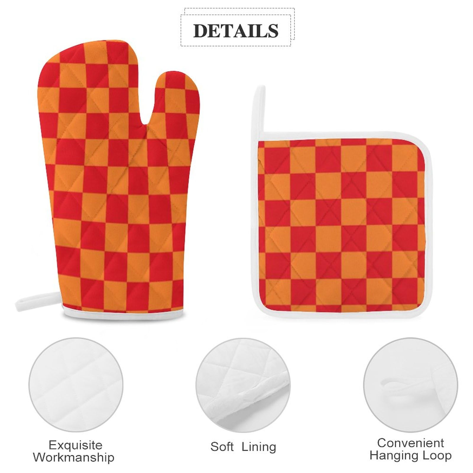 4Pcs Oven Mitts and Pot Holders Set, Checkered Red and Orange Oven Mitts Gloves Set Heat Resistant Hot Pads for Kitchen Cooking Grill