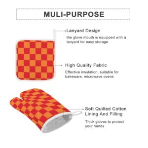 4Pcs Oven Mitts and Pot Holders Set, Checkered Red and Orange Oven Mitts Gloves Set Heat Resistant Hot Pads for Kitchen Cooking Grill