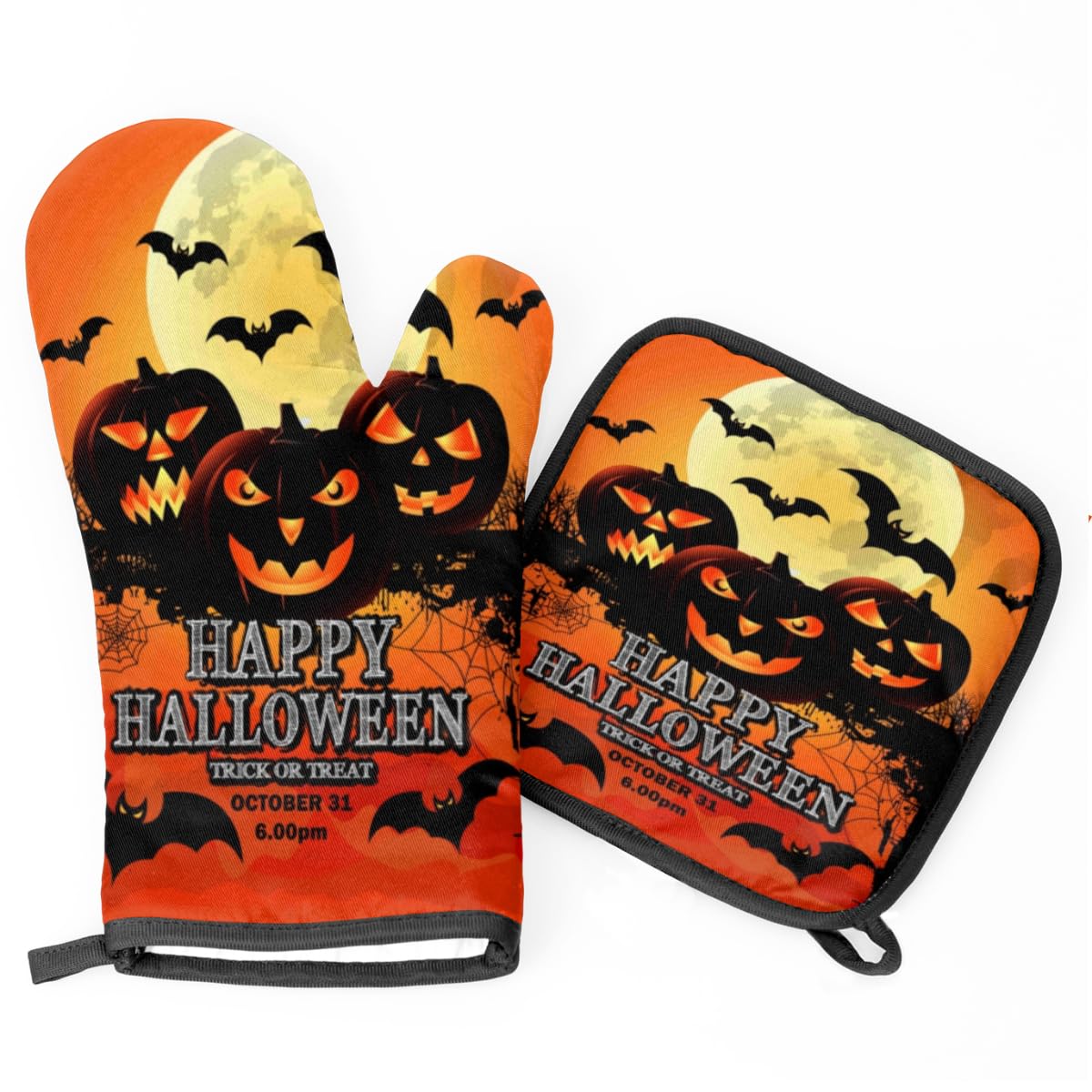 Halloween Bat Pumpkin Oven Mitts and Pot Holders Sets of 2 Heat Resistant Non-Slip Kitchen Gloves Hot Pads with Inner Cotton Layer for Cooking BBQ Baking Grilling