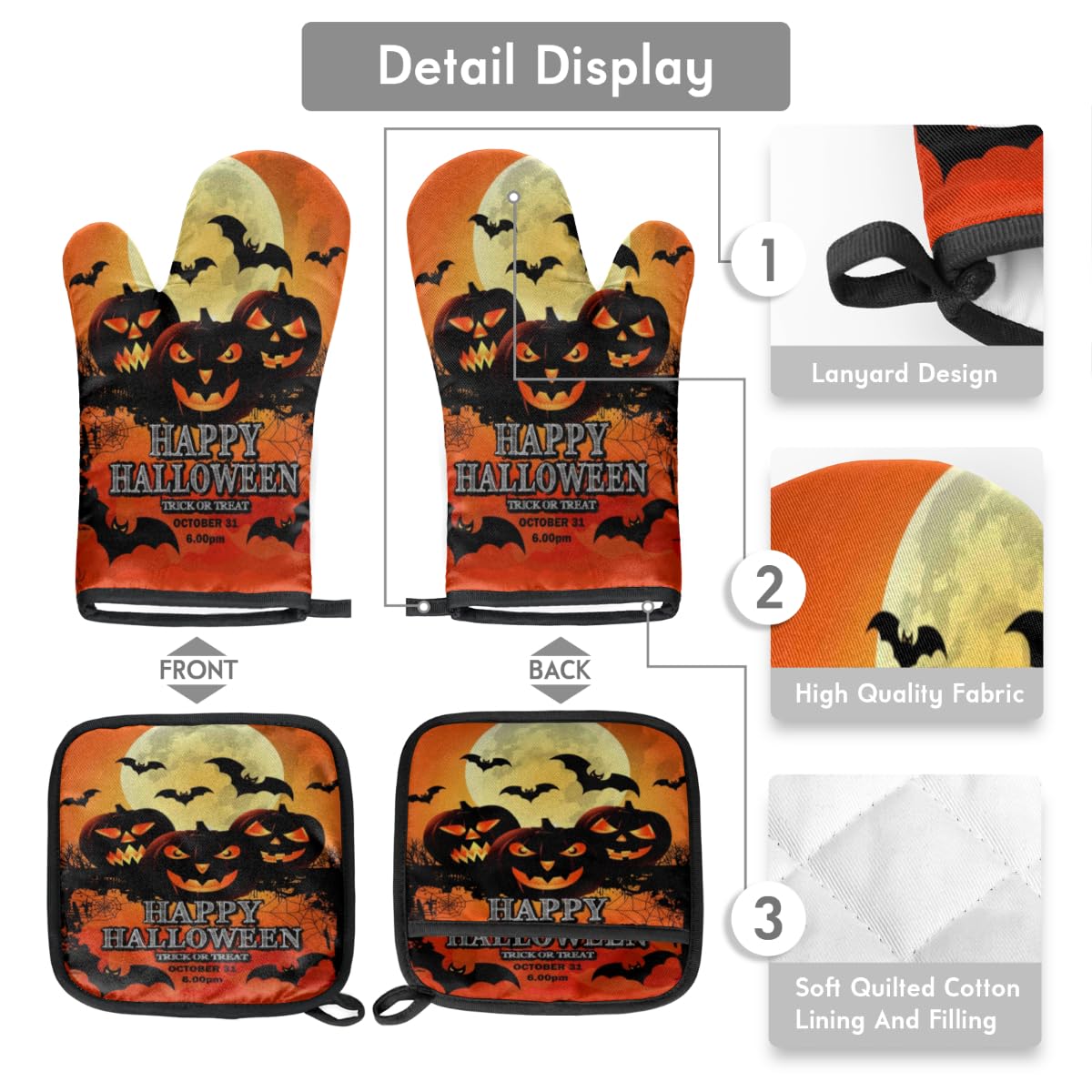 Halloween Bat Pumpkin Oven Mitts and Pot Holders Sets of 2 Heat Resistant Non-Slip Kitchen Gloves Hot Pads with Inner Cotton Layer for Cooking BBQ Baking Grilling