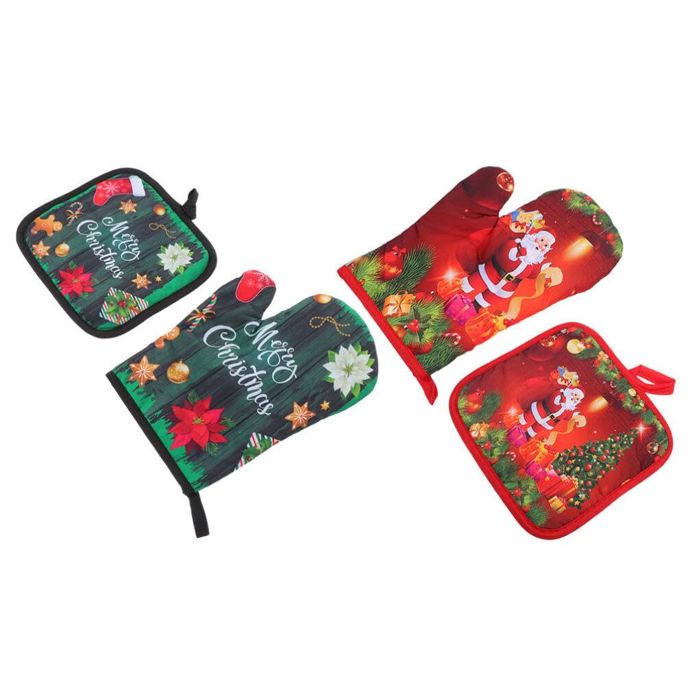 Didiseaon 2 Sets of Christmas Oven Mitts Pot Holders Set Microwave Gloves Bbq Grill Oven Gloves Heats Resistant Hot Pads for Xmas Holiday Cooking Baking Supplies