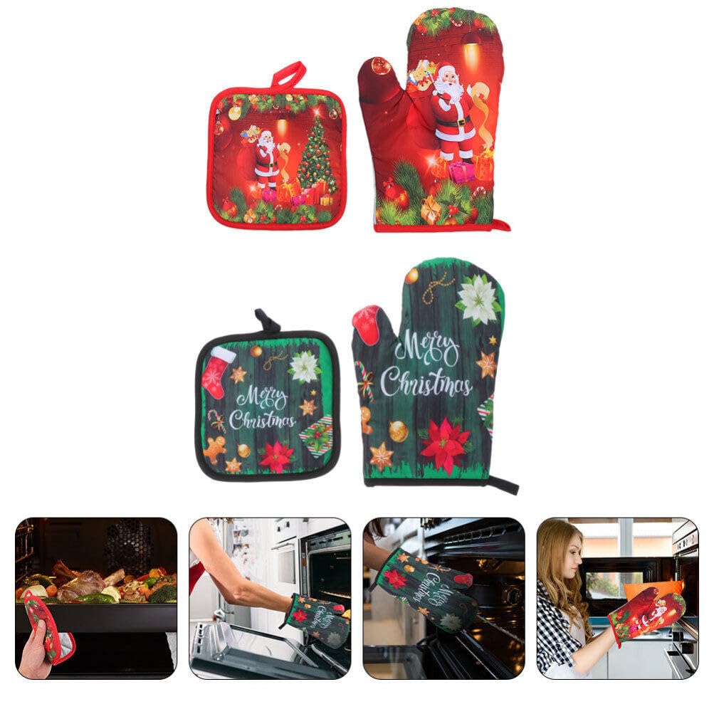 Didiseaon 2 Sets of Christmas Oven Mitts Pot Holders Set Microwave Gloves Bbq Grill Oven Gloves Heats Resistant Hot Pads for Xmas Holiday Cooking Baking Supplies