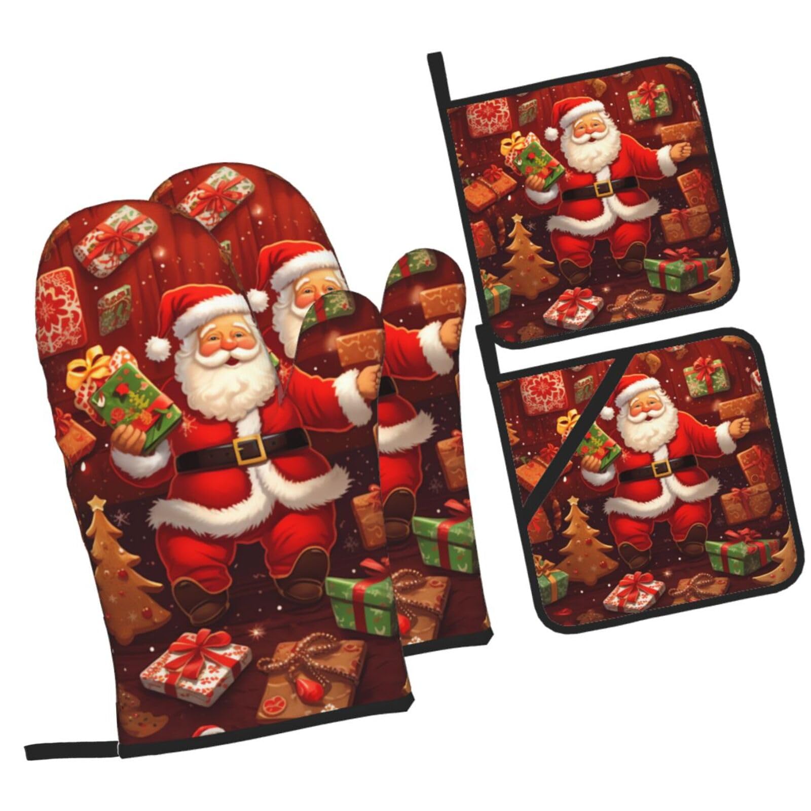 Oven Mitts and Pot Holders Set of 4 Happy Christmas Print Kitchen Oven Glove Fashion Heat Resistant Oven Gloves Set for BBQ Grill Baking Cooking Oven Microwave