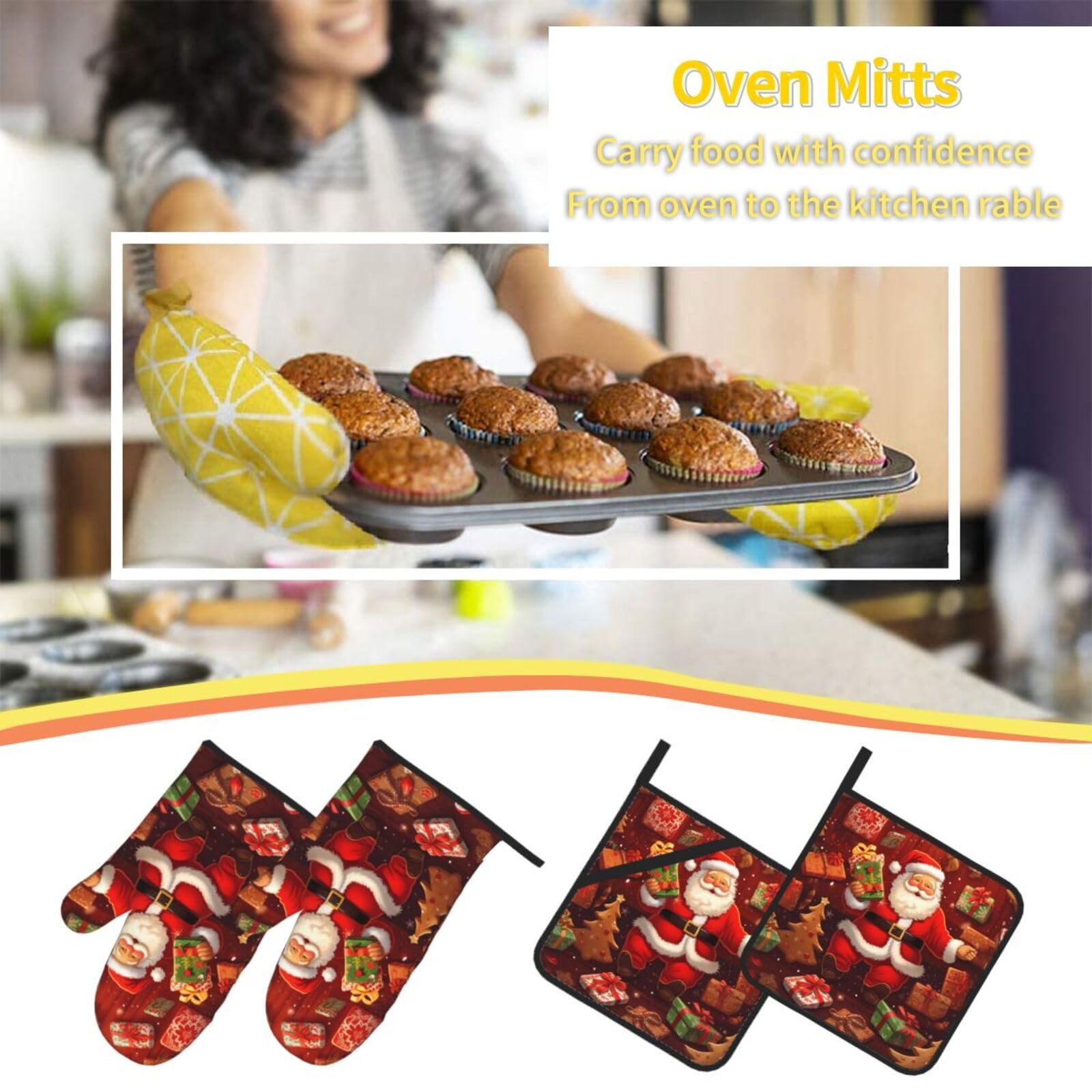 Oven Mitts and Pot Holders Set of 4 Happy Christmas Print Kitchen Oven Glove Fashion Heat Resistant Oven Gloves Set for BBQ Grill Baking Cooking Oven Microwave