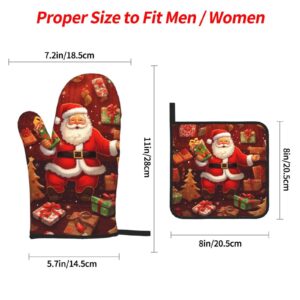 Oven Mitts and Pot Holders Set of 4 Happy Christmas Print Kitchen Oven Glove Fashion Heat Resistant Oven Gloves Set for BBQ Grill Baking Cooking Oven Microwave