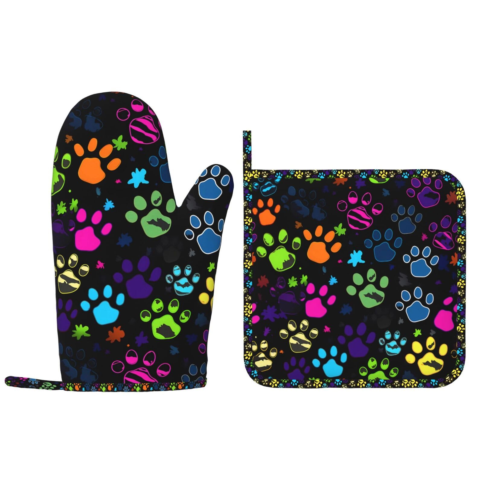 Oven Mitts Pot Holders Sets Funny Paw Print Dog Silicone Oven Gloves Colorful Kitchen Accessories for Baking Cooking Grilling