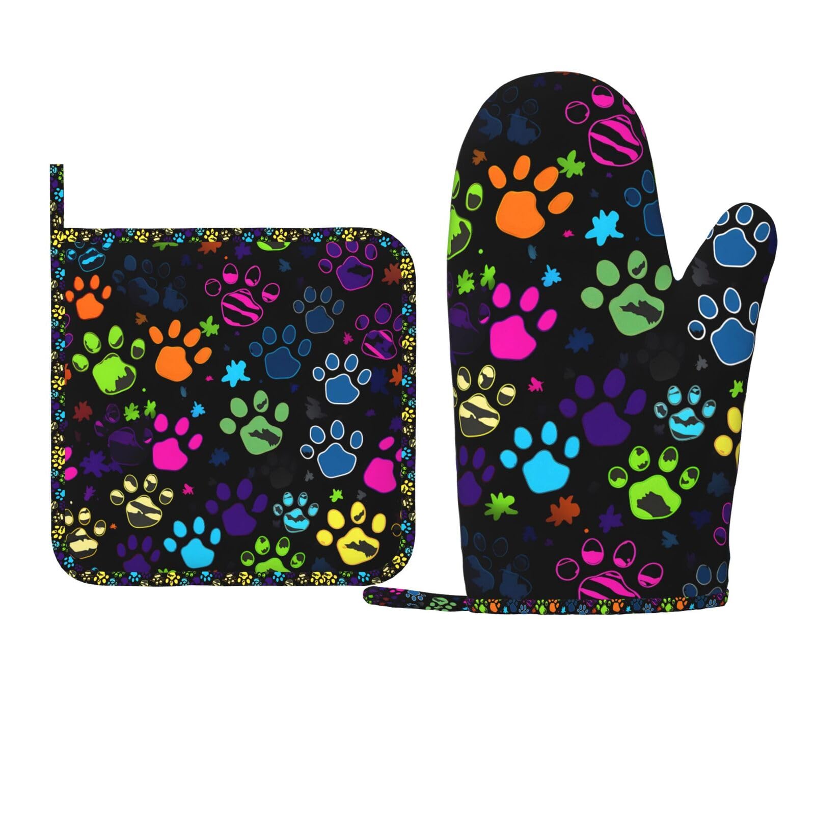 Oven Mitts Pot Holders Sets Funny Paw Print Dog Silicone Oven Gloves Colorful Kitchen Accessories for Baking Cooking Grilling