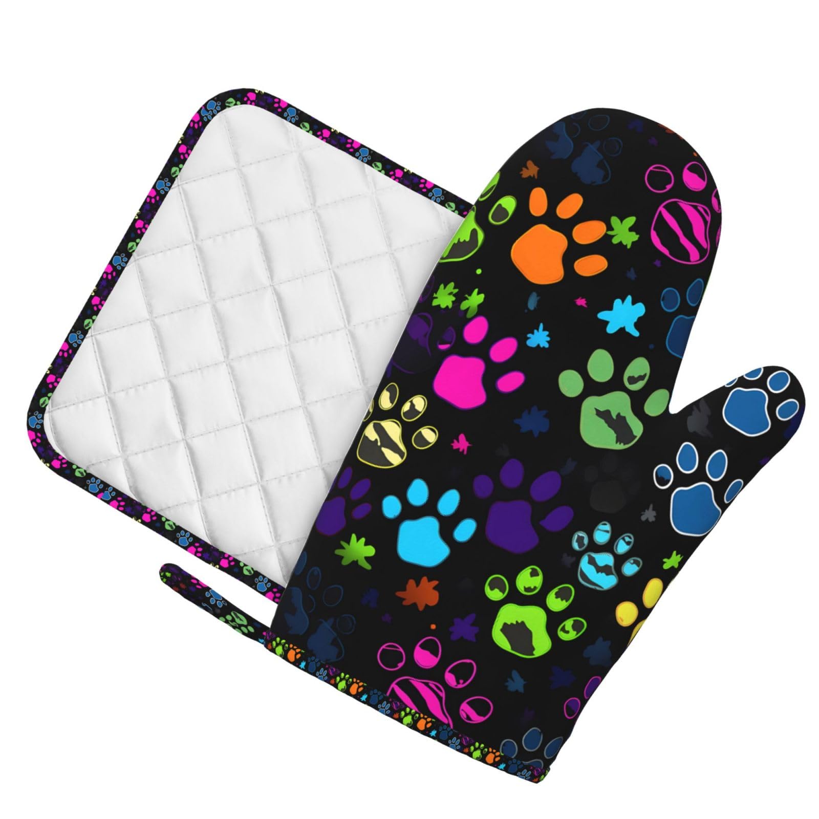 Oven Mitts Pot Holders Sets Funny Paw Print Dog Silicone Oven Gloves Colorful Kitchen Accessories for Baking Cooking Grilling