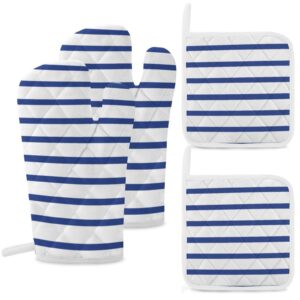 modern white royal blue stripes oven mitts and pot holders, 4pcs heat resistant oven mitts glove sets kitchen microwave anti-scald pot holders for baking cooking