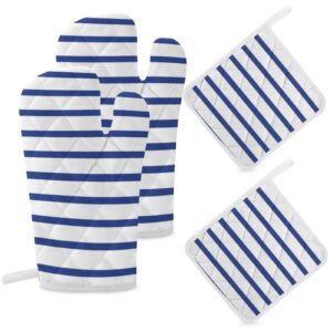 Modern White Royal Blue Stripes Oven Mitts and Pot Holders, 4PCS Heat Resistant Oven Mitts Glove Sets Kitchen Microwave Anti-Scald Pot Holders for Baking Cooking