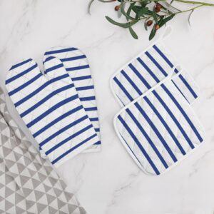 Modern White Royal Blue Stripes Oven Mitts and Pot Holders, 4PCS Heat Resistant Oven Mitts Glove Sets Kitchen Microwave Anti-Scald Pot Holders for Baking Cooking