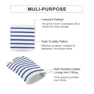 Modern White Royal Blue Stripes Oven Mitts and Pot Holders, 4PCS Heat Resistant Oven Mitts Glove Sets Kitchen Microwave Anti-Scald Pot Holders for Baking Cooking