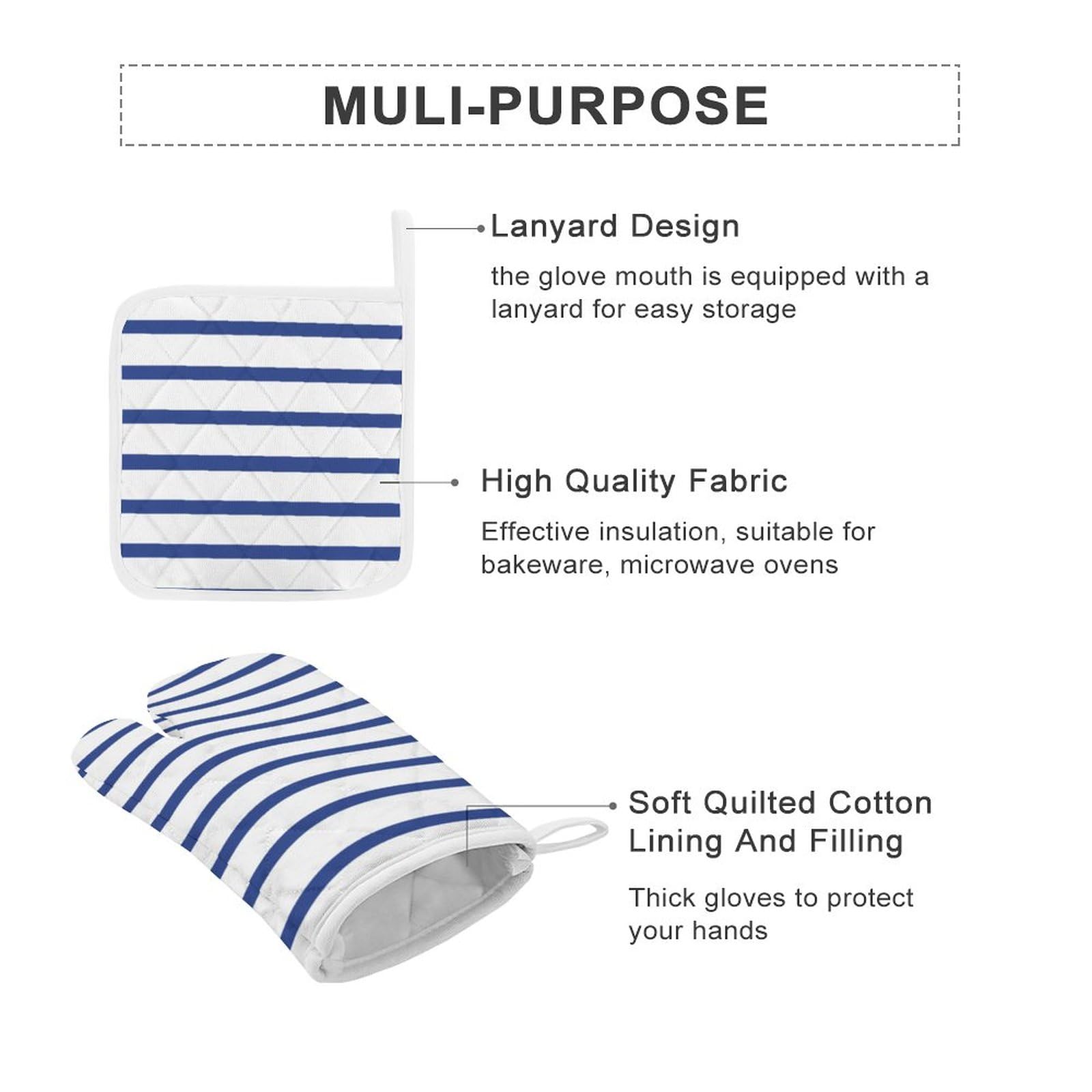 Modern White Royal Blue Stripes Oven Mitts and Pot Holders, 4PCS Heat Resistant Oven Mitts Glove Sets Kitchen Microwave Anti-Scald Pot Holders for Baking Cooking