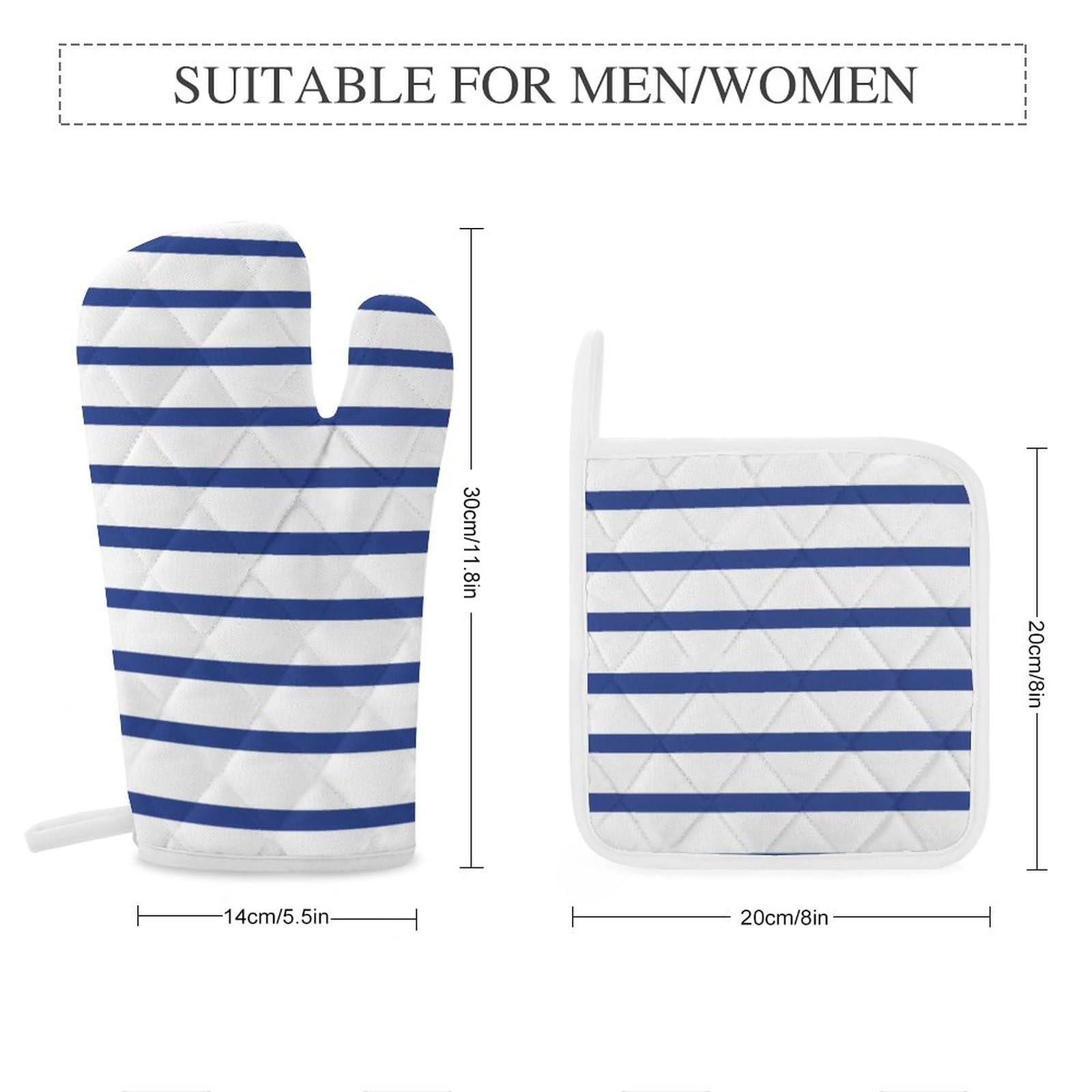 Modern White Royal Blue Stripes Oven Mitts and Pot Holders, 4PCS Heat Resistant Oven Mitts Glove Sets Kitchen Microwave Anti-Scald Pot Holders for Baking Cooking