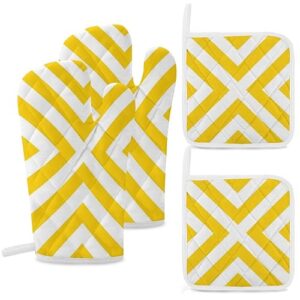 4pcs oven mitts and pot holders sets, yellow & white stripes oven mitts set heat resistant kitchen microwave gloves safe for baking,cooking, bbq