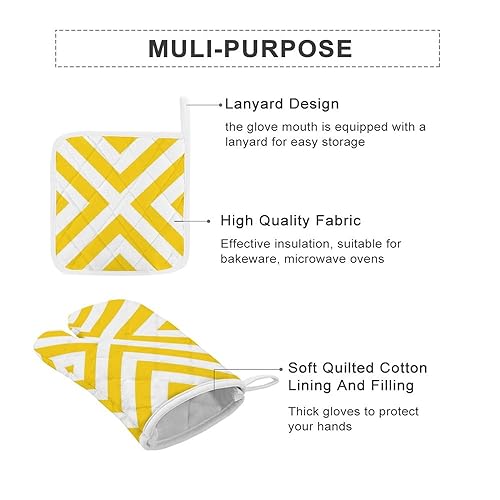 4PCS Oven Mitts and Pot Holders Sets, Yellow & White Stripes Oven Mitts Set Heat Resistant Kitchen Microwave Gloves Safe for Baking,Cooking, BBQ