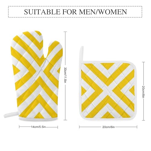 4PCS Oven Mitts and Pot Holders Sets, Yellow & White Stripes Oven Mitts Set Heat Resistant Kitchen Microwave Gloves Safe for Baking,Cooking, BBQ