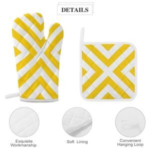 4PCS Oven Mitts and Pot Holders Sets, Yellow & White Stripes Oven Mitts Set Heat Resistant Kitchen Microwave Gloves Safe for Baking,Cooking, BBQ