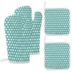 4PCS Oven Mitts and Pot Holders Sets, Polka Dots White Aqua Oven Mitts Set Heat Resistant Kitchen Microwave Gloves Safe for Baking,Cooking, BBQ