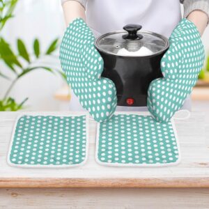 4PCS Oven Mitts and Pot Holders Sets, Polka Dots White Aqua Oven Mitts Set Heat Resistant Kitchen Microwave Gloves Safe for Baking,Cooking, BBQ