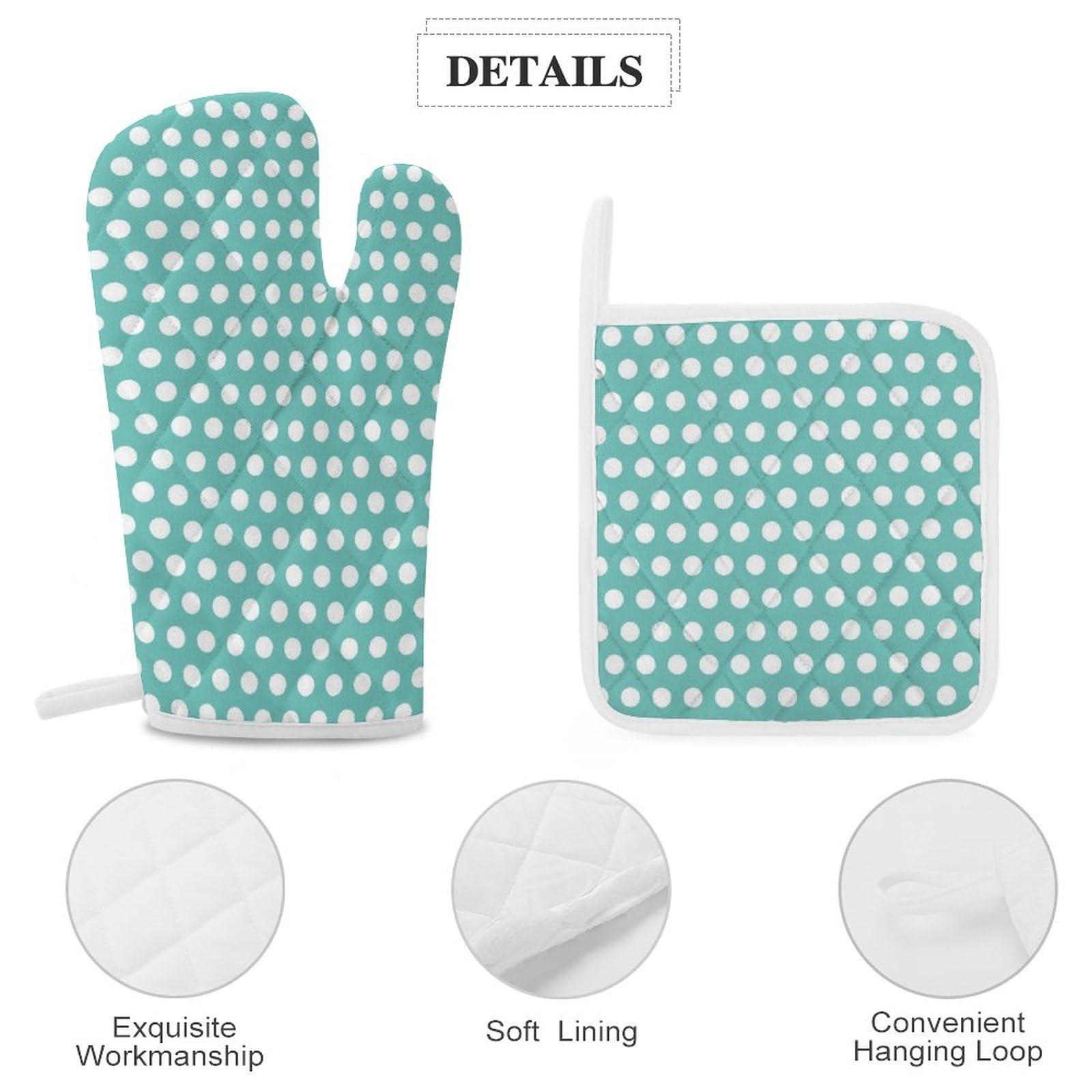 4PCS Oven Mitts and Pot Holders Sets, Polka Dots White Aqua Oven Mitts Set Heat Resistant Kitchen Microwave Gloves Safe for Baking,Cooking, BBQ