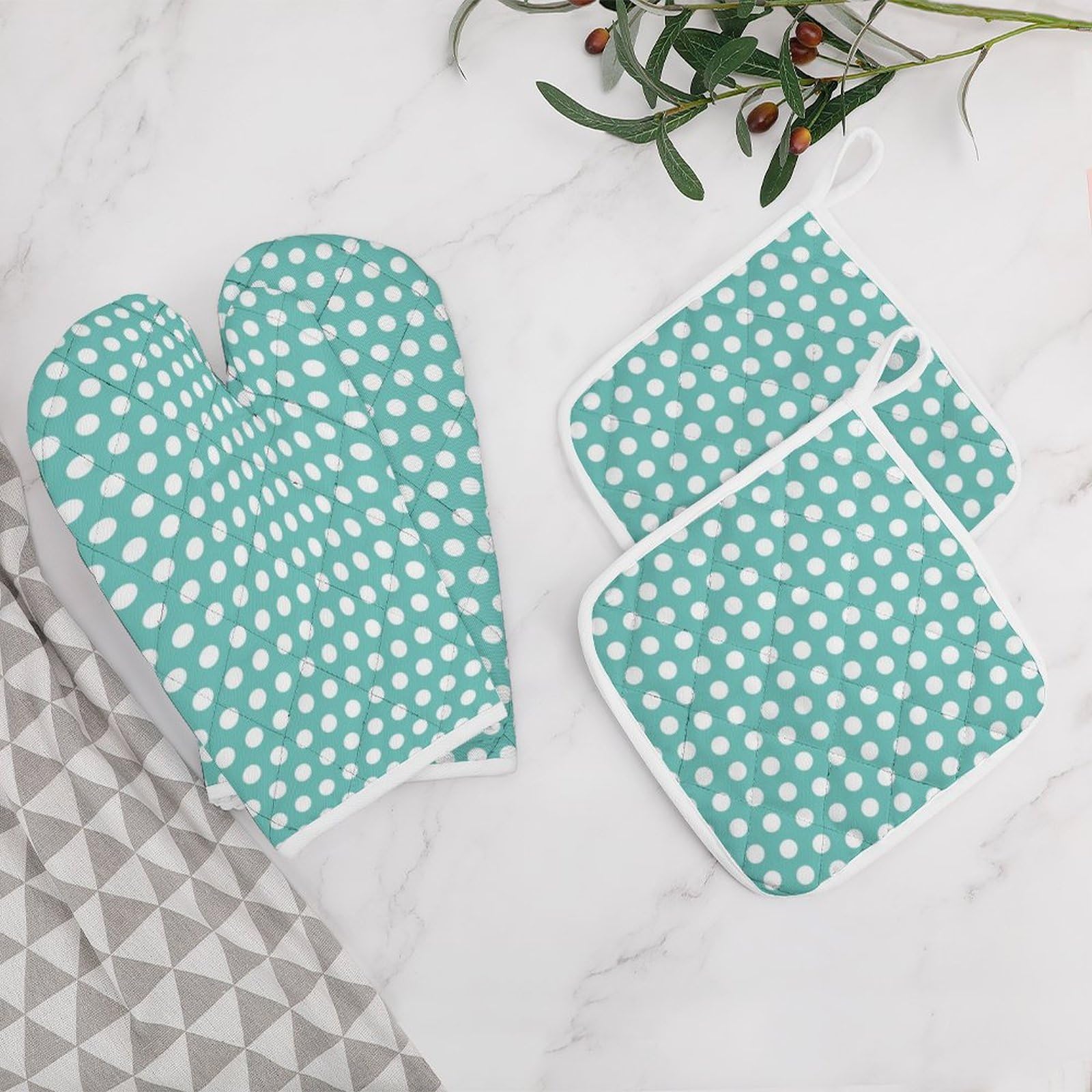 4PCS Oven Mitts and Pot Holders Sets, Polka Dots White Aqua Oven Mitts Set Heat Resistant Kitchen Microwave Gloves Safe for Baking,Cooking, BBQ