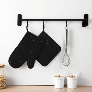 Black Glitter Silicone Oven Mitts Pot Holder Sets 2pcs Cute Design Washable Non Slip Kitchen Heat Resistant Mat Women's Cooking Gloves for Baking and BBQ Wear