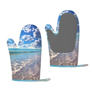 Beautiful Cloud Beach Printed Oven Mitts Heat Resistant Oven Gloves Non-Slip Silicone Kitchen Gloves for Cooking Baking BBQ Gloves 1 Pair