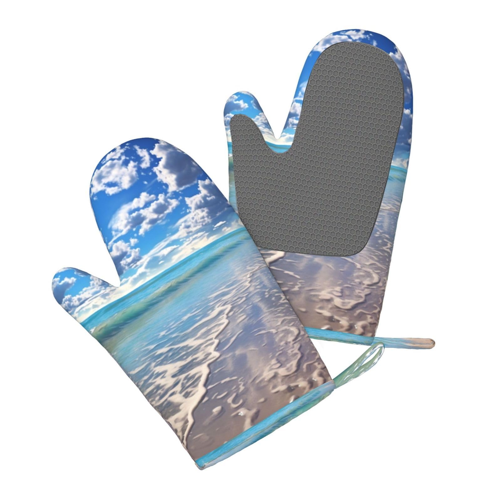 Beautiful Cloud Beach Printed Oven Mitts Heat Resistant Oven Gloves Non-Slip Silicone Kitchen Gloves for Cooking Baking BBQ Gloves 1 Pair