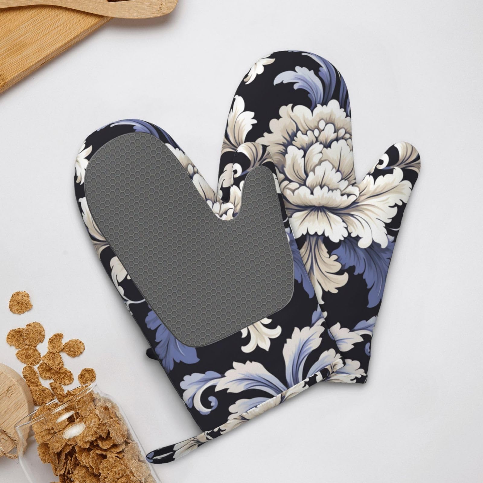 Damask Pattern Printed Oven Mitts Heat Resistant Oven Gloves Non-Slip Silicone Kitchen Gloves for Cooking Baking BBQ Gloves 1 Pair