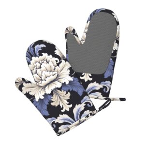 Damask Pattern Printed Oven Mitts Heat Resistant Oven Gloves Non-Slip Silicone Kitchen Gloves for Cooking Baking BBQ Gloves 1 Pair