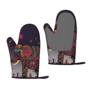 Colorful Tribal Floral Elephant Printed Oven Mitts Heat Resistant Oven Gloves Non-Slip Silicone Kitchen Gloves for Cooking Baking BBQ Gloves 1 Pair