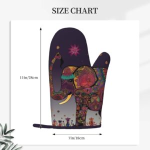 Colorful Tribal Floral Elephant Printed Oven Mitts Heat Resistant Oven Gloves Non-Slip Silicone Kitchen Gloves for Cooking Baking BBQ Gloves 1 Pair