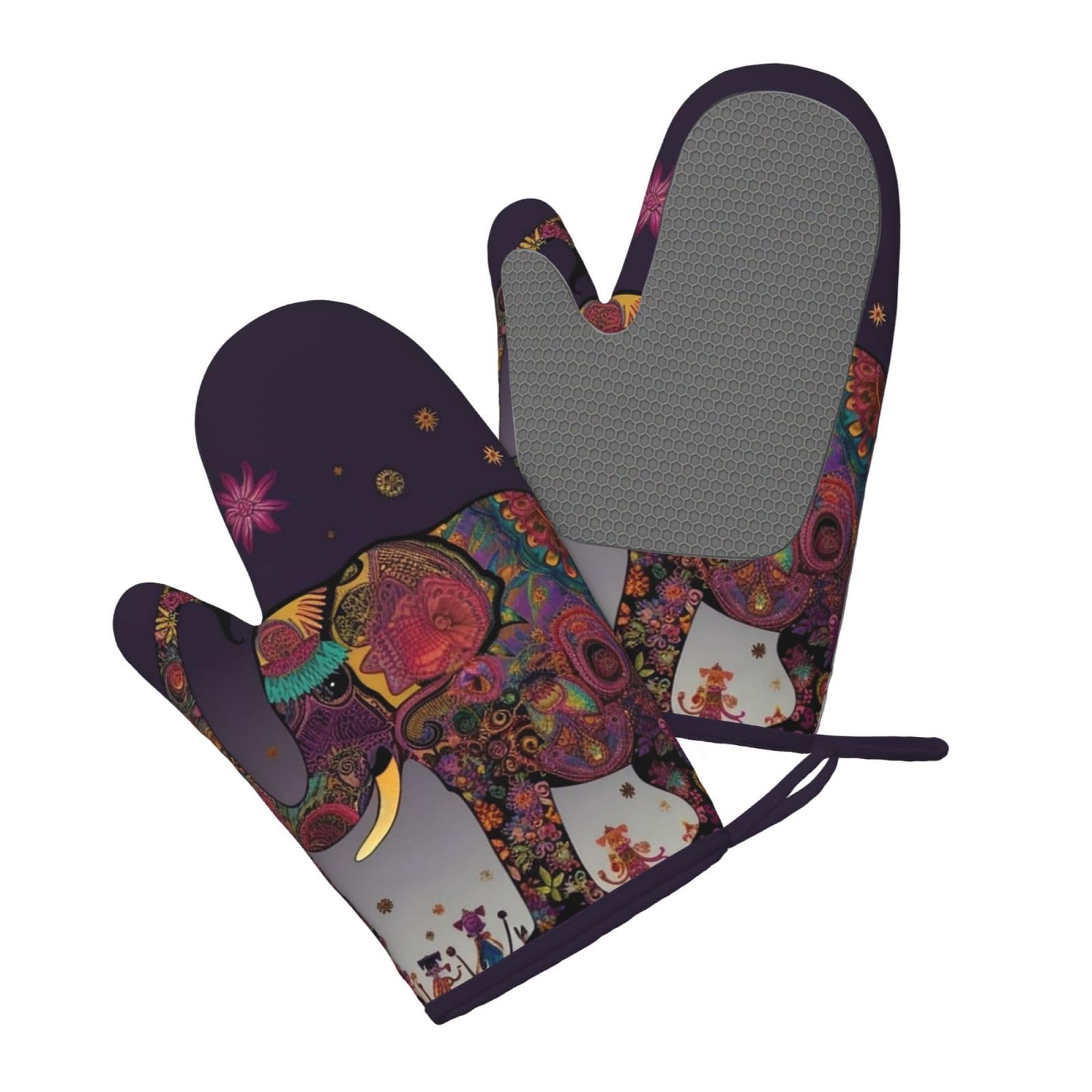 Colorful Tribal Floral Elephant Printed Oven Mitts Heat Resistant Oven Gloves Non-Slip Silicone Kitchen Gloves for Cooking Baking BBQ Gloves 1 Pair