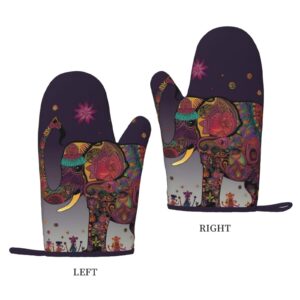 Colorful Tribal Floral Elephant Printed Oven Mitts Heat Resistant Oven Gloves Non-Slip Silicone Kitchen Gloves for Cooking Baking BBQ Gloves 1 Pair