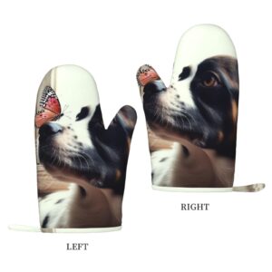 Dog and Buterfly Printed Oven Mitts Heat Resistant Oven Gloves Non-Slip Silicone Kitchen Gloves for Cooking Baking BBQ Gloves 1 Pair