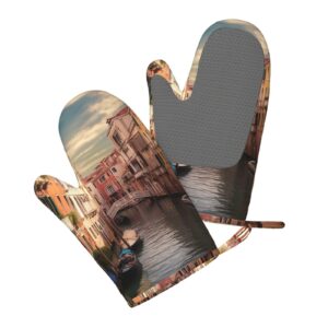 Beautiful Venice Canal View Printed Oven Mitts Heat Resistant Oven Gloves Non-Slip Silicone Kitchen Gloves for Cooking Baking BBQ Gloves 1 Pair