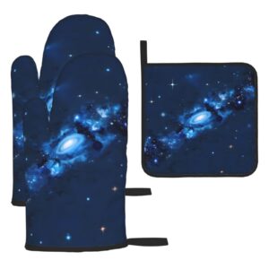 blue galaxy pattern oven mitts and pot holders setâ€“ultimate heat resistant set for kitchen and dining