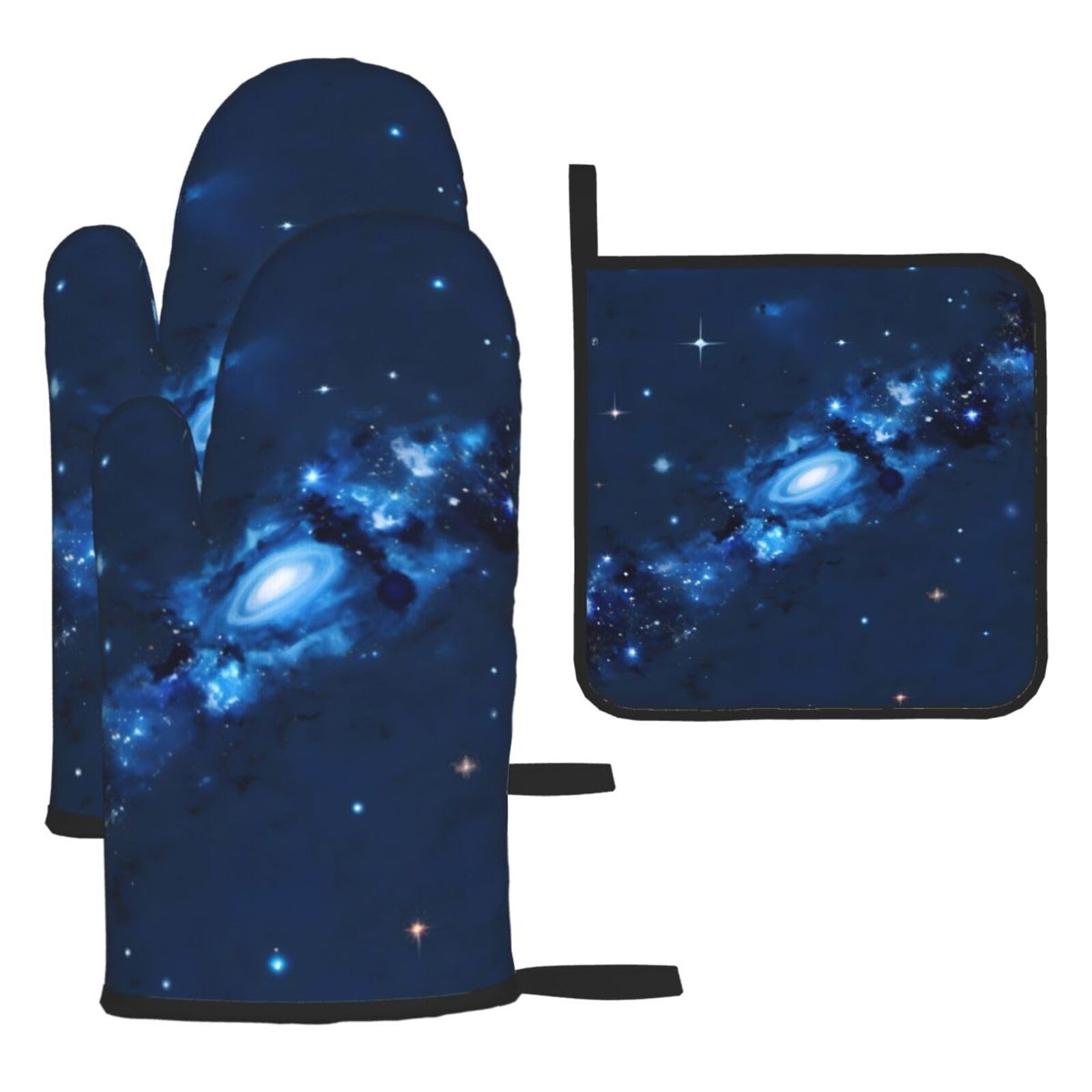 Blue Galaxy Pattern Oven Mitts and Pot Holders Setâ€“Ultimate Heat Resistant Set for Kitchen and Dining