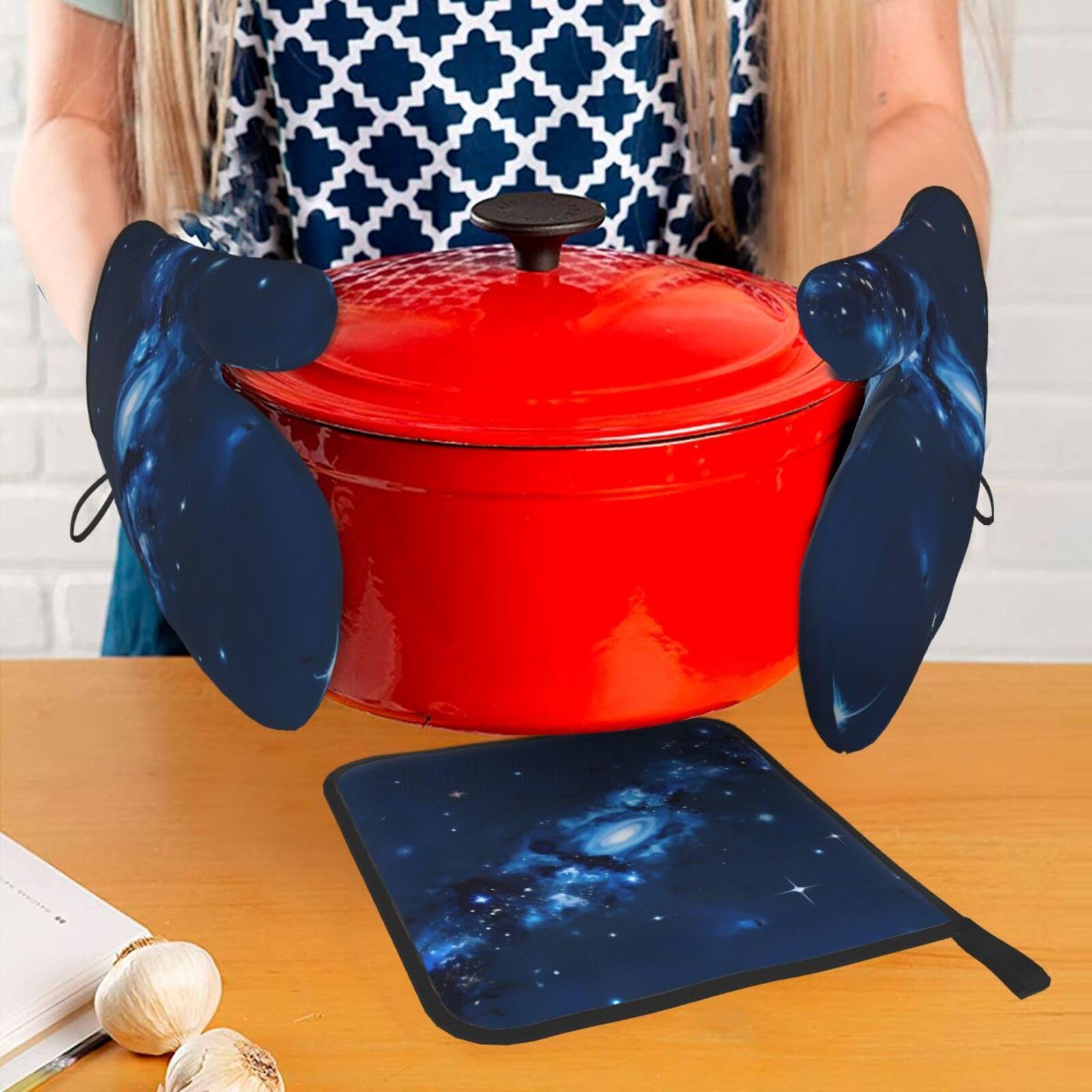 Blue Galaxy Pattern Oven Mitts and Pot Holders Setâ€“Ultimate Heat Resistant Set for Kitchen and Dining