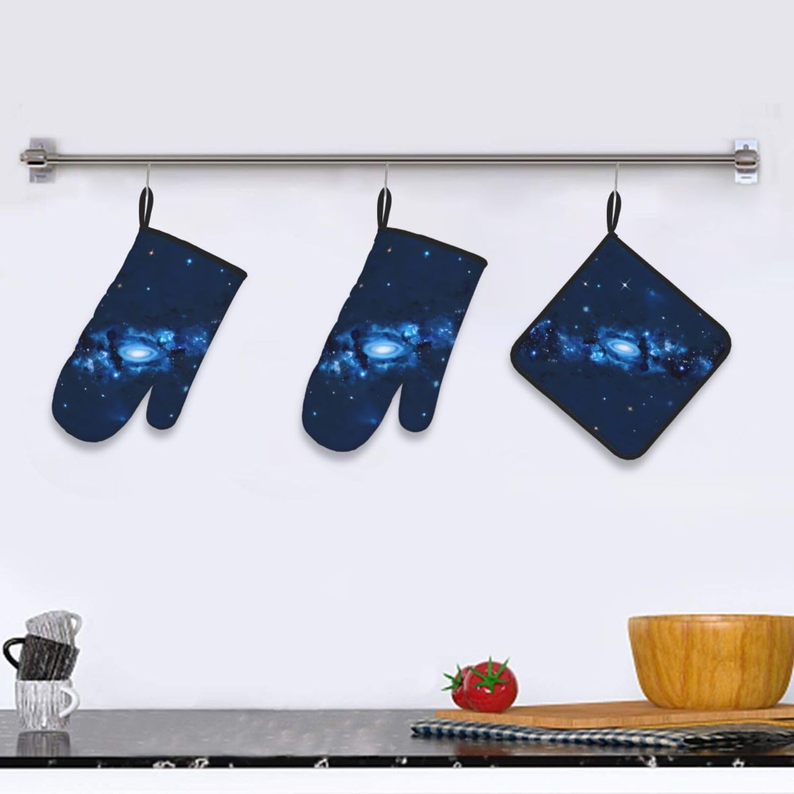 Blue Galaxy Pattern Oven Mitts and Pot Holders Setâ€“Ultimate Heat Resistant Set for Kitchen and Dining