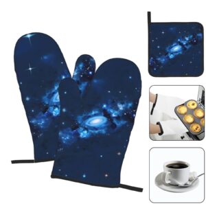 Blue Galaxy Pattern Oven Mitts and Pot Holders Setâ€“Ultimate Heat Resistant Set for Kitchen and Dining