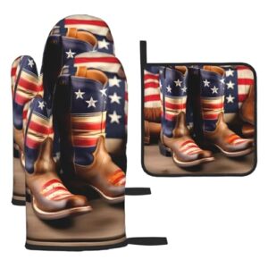 american flag with cowboy boots oven mitts and pot holders setâ€“ultimate heat resistant set for kitchen and dining